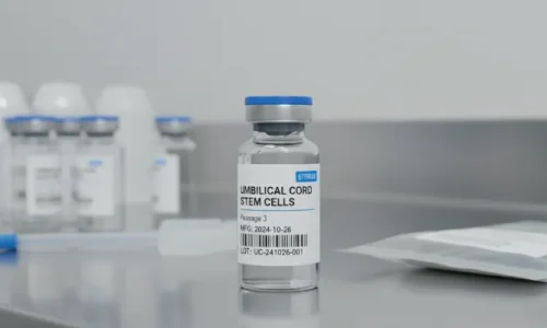 A labeled, sterile glass vial